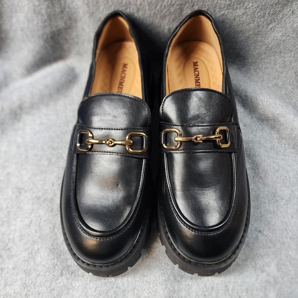Black Leather Lug Sole Loafers Gold Bit Slip On Chunky Platform Shoes Size 9.5